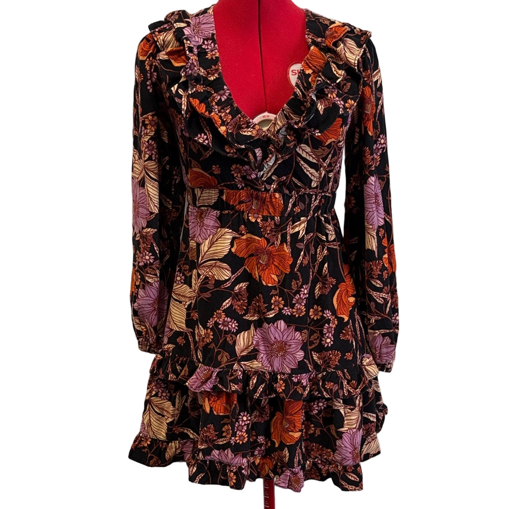 Pilcro Floral Long Sleeve Dress - Black, Purple, Orange XS253